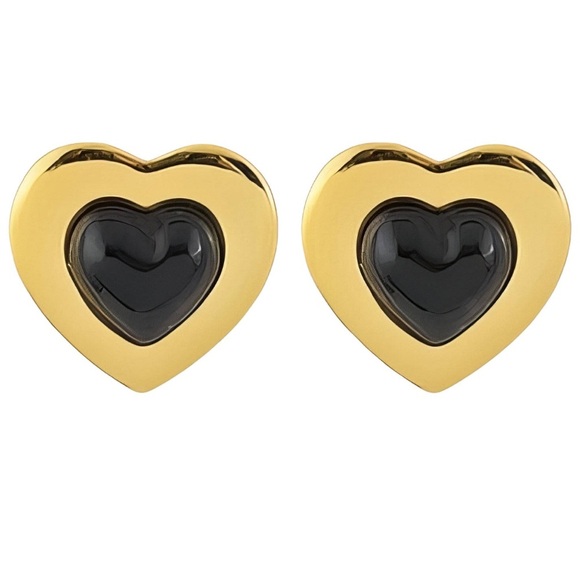HEARTS EARRINGS, 18K GOLD PLATED STEEL with black center - Picture 1 of 1
